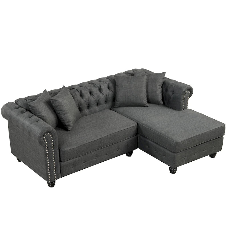 Divano Chesterfield Beige / Grigio, Lino, 3 Posti