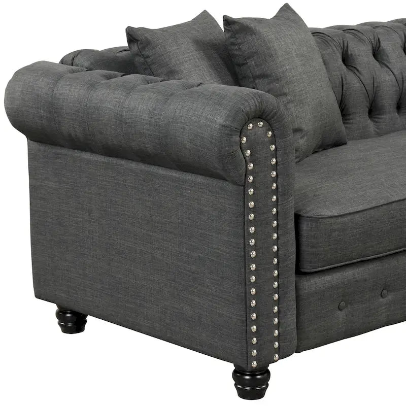 Divano Chesterfield Beige / Grigio, Lino, 3 Posti