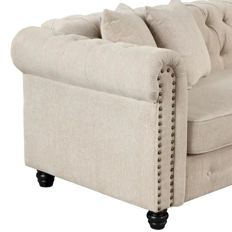 Divano Chesterfield Beige / Grigio, Lino, 3 Posti