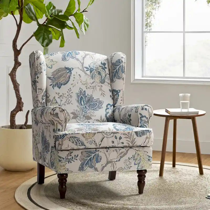 Poltrona con schienale ad ali e gambe tornite – Broccato / Tropicale / Blu / Sabbia / Verde, Posto singolo