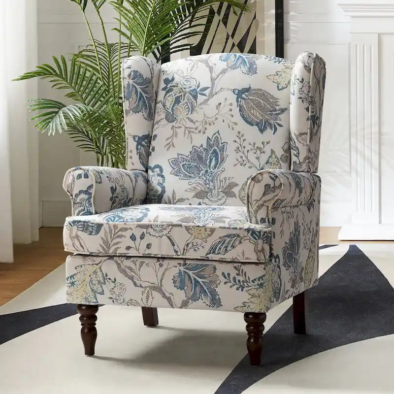 Poltrona con schienale ad ali e gambe tornite – Broccato / Tropicale / Blu / Sabbia / Verde, Posto singolo