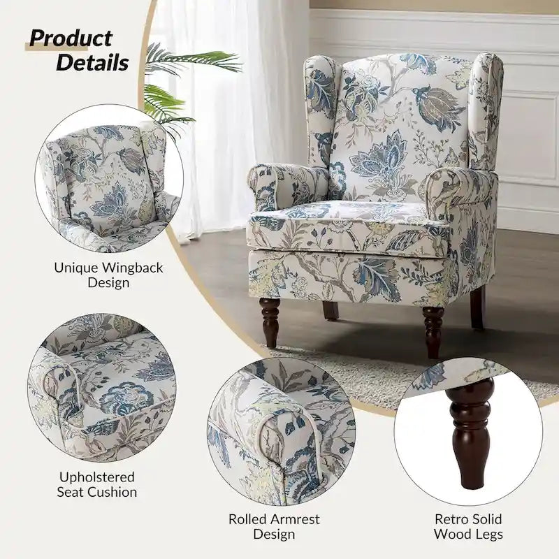 Poltrona con schienale ad ali e gambe tornite – Broccato / Tropicale / Blu / Sabbia / Verde, Posto singolo