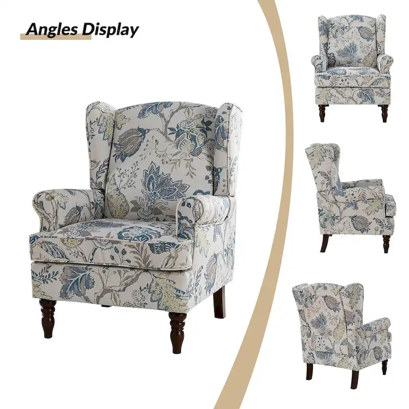 Poltrona con schienale ad ali e gambe tornite – Broccato / Tropicale / Blu / Sabbia / Verde, Posto singolo