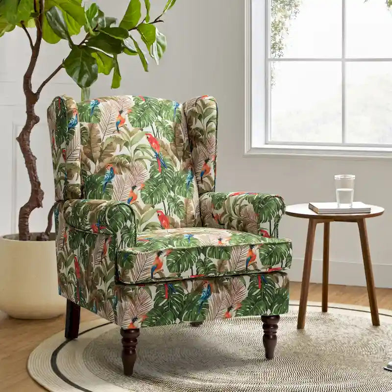 Poltrona con schienale ad ali e gambe tornite – Broccato / Tropicale / Blu / Sabbia / Verde, Posto singolo