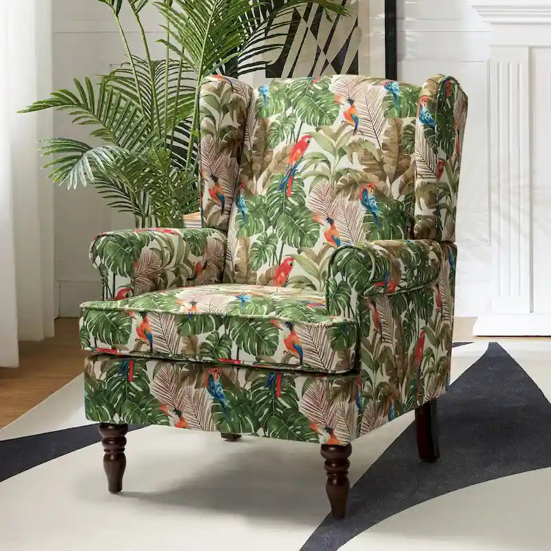 Poltrona con schienale ad ali e gambe tornite – Broccato / Tropicale / Blu / Sabbia / Verde, Posto singolo