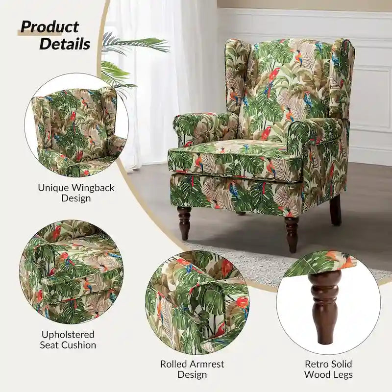 Poltrona con schienale ad ali e gambe tornite – Broccato / Tropicale / Blu / Sabbia / Verde, Posto singolo