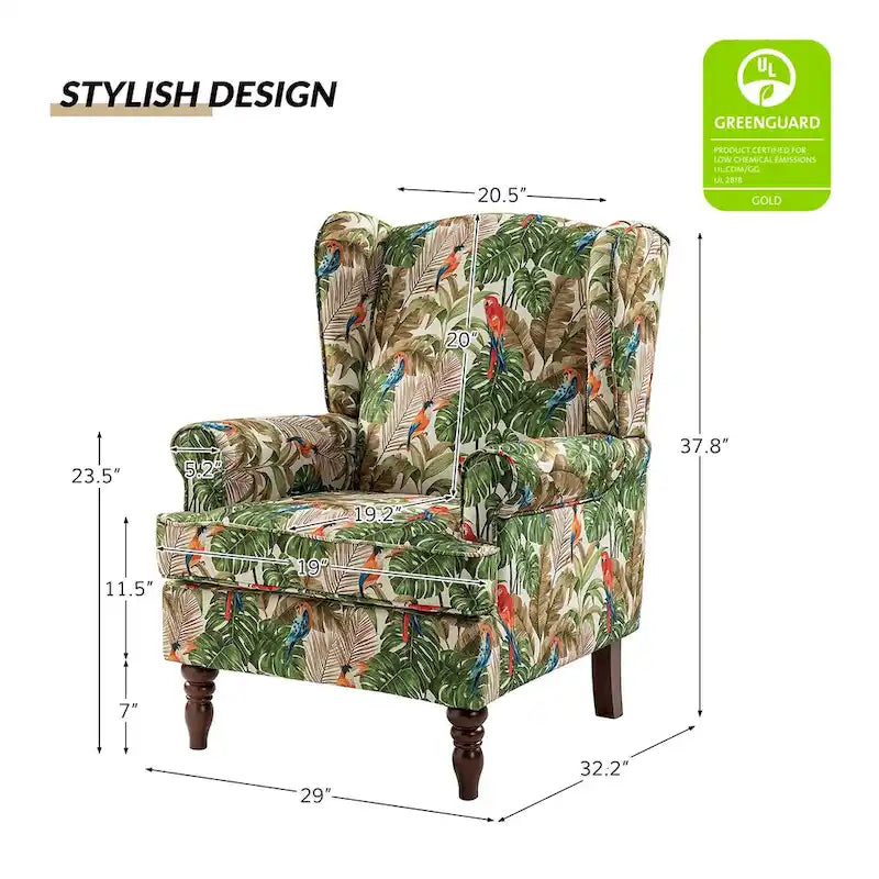 Poltrona con schienale ad ali e gambe tornite – Broccato / Tropicale / Blu / Sabbia / Verde, Posto singolo