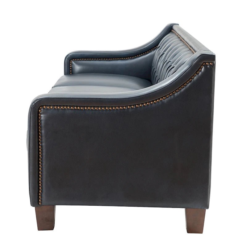 Divano transizionale a 3 posti in vera pelle marrone/cammello/blu scuro/nero, con bottoni trapuntati e borchie.