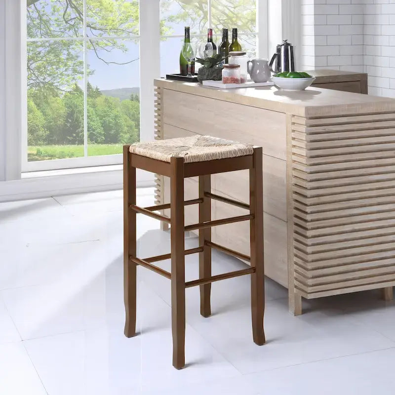 Sgabello da bar senza schienale, sedile in giunco intrecciato, 74 cm H, Nero / Cappuccino / Rovere / Crema, Posti 1