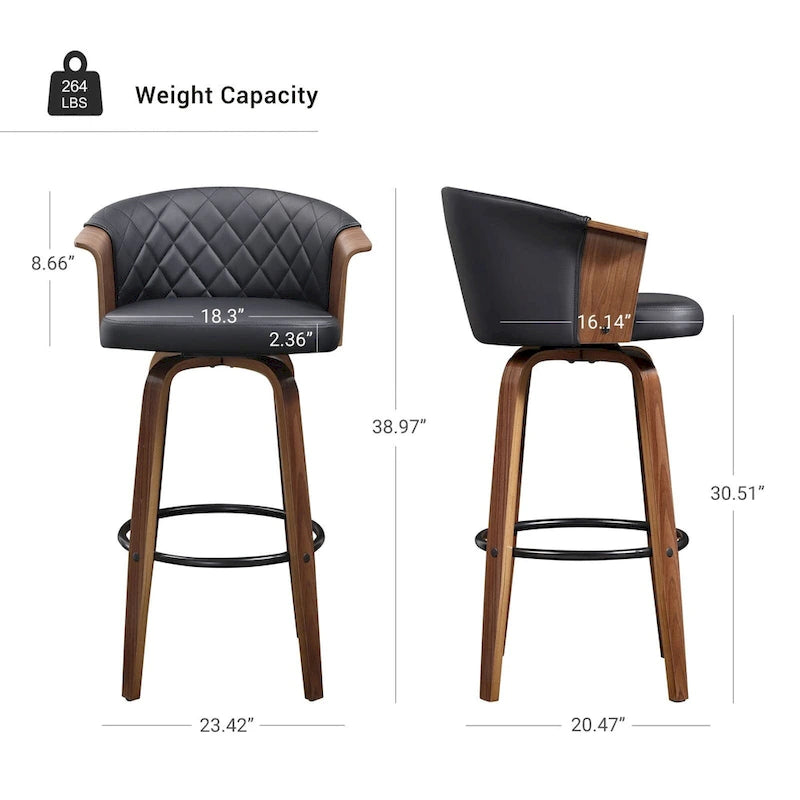 Sgabelli da bancone girevoli in similpelle nera/marrone, stile Mid-Century, set da 2