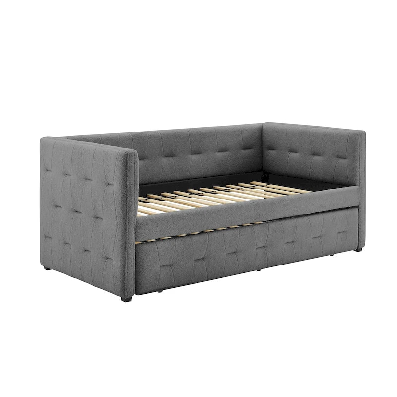 Divano letto imbottito trapuntato cammello/bianco/grigio con letto estraibile – 2 posti letto