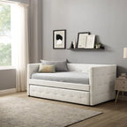 Divano letto imbottito trapuntato cammello/bianco/grigio con letto estraibile – 2 posti letto