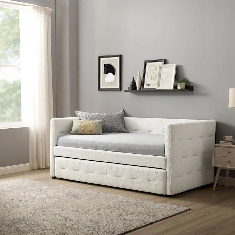 Divano letto imbottito trapuntato cammello/bianco/grigio con letto estraibile – 2 posti letto