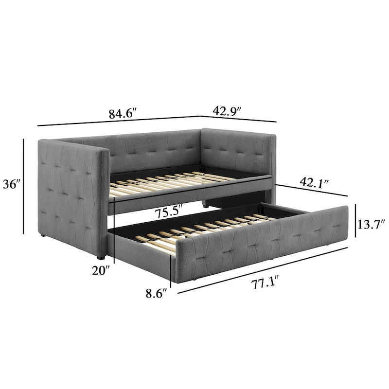 Divano letto imbottito trapuntato cammello/bianco/grigio con letto estraibile – 2 posti letto