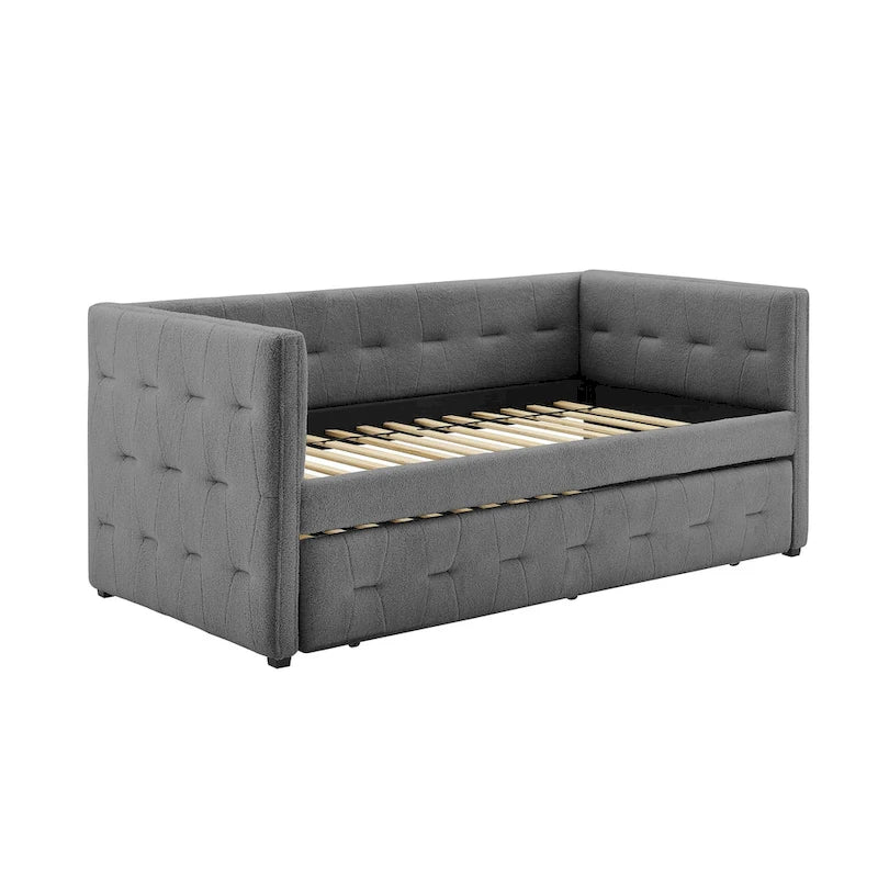 Divano letto imbottito trapuntato cammello/bianco/grigio con letto estraibile – 2 posti letto