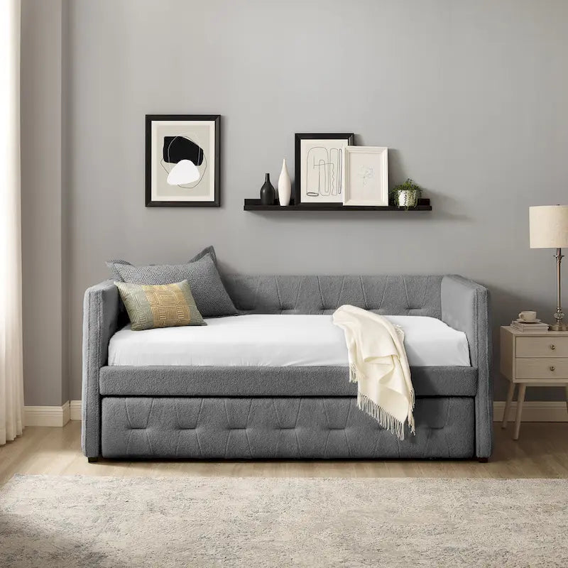 Divano letto imbottito trapuntato cammello/bianco/grigio con letto estraibile – 2 posti letto