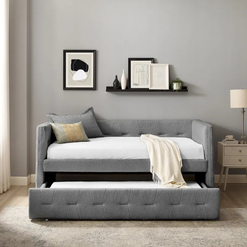 Divano letto imbottito trapuntato cammello/bianco/grigio con letto estraibile – 2 posti letto
