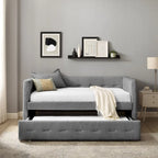 Divano letto imbottito trapuntato cammello/bianco/grigio con letto estraibile – 2 posti letto