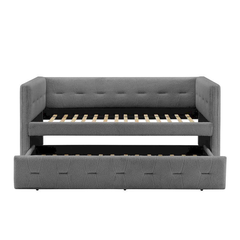 Divano letto imbottito trapuntato cammello/bianco/grigio con letto estraibile – 2 posti letto