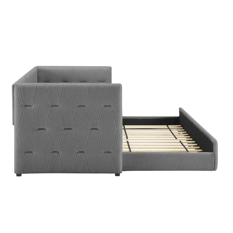 Divano letto imbottito trapuntato cammello/bianco/grigio con letto estraibile – 2 posti letto