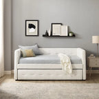Divano letto imbottito trapuntato cammello/bianco/grigio con letto estraibile – 2 posti letto