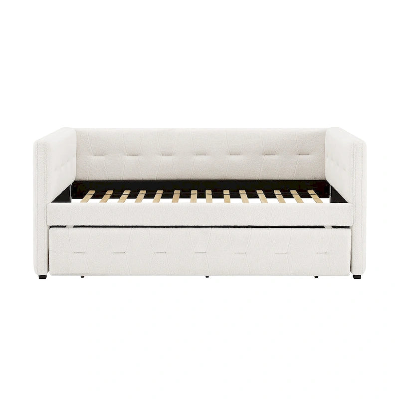 Divano letto imbottito trapuntato cammello/bianco/grigio con letto estraibile – 2 posti letto