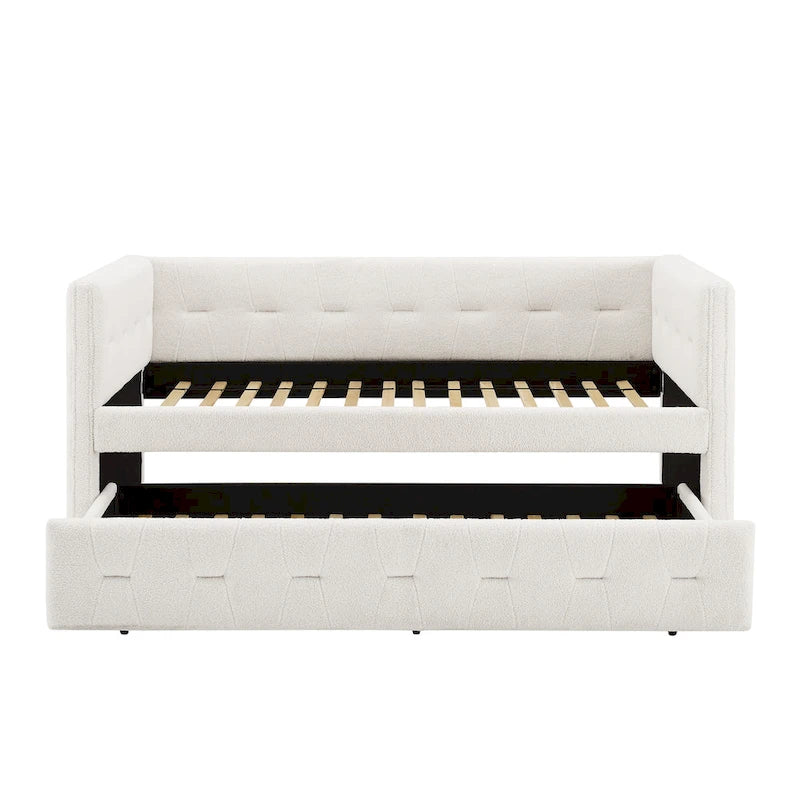 Divano letto imbottito trapuntato cammello/bianco/grigio con letto estraibile – 2 posti letto