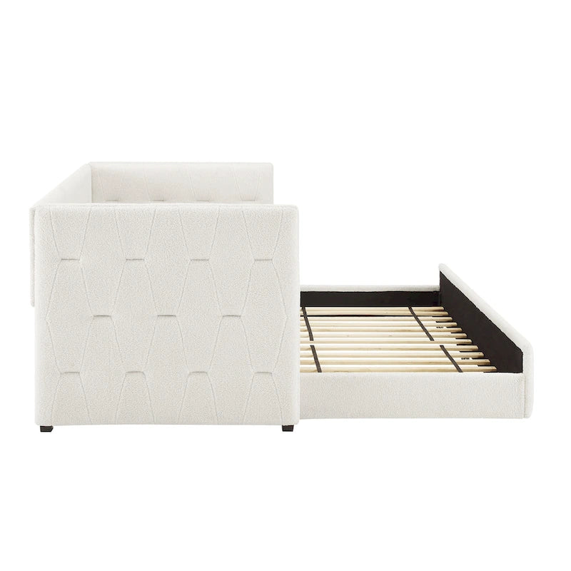 Divano letto imbottito trapuntato cammello/bianco/grigio con letto estraibile – 2 posti letto