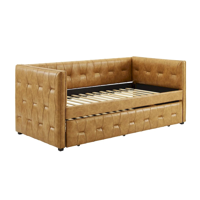 Divano letto imbottito trapuntato cammello/bianco/grigio con letto estraibile – 2 posti letto
