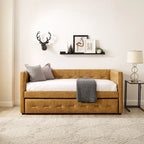 Divano letto imbottito trapuntato cammello/bianco/grigio con letto estraibile – 2 posti letto