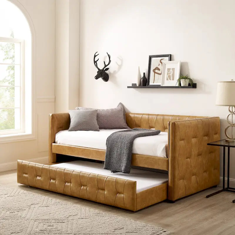 Divano letto imbottito trapuntato cammello/bianco/grigio con letto estraibile – 2 posti letto