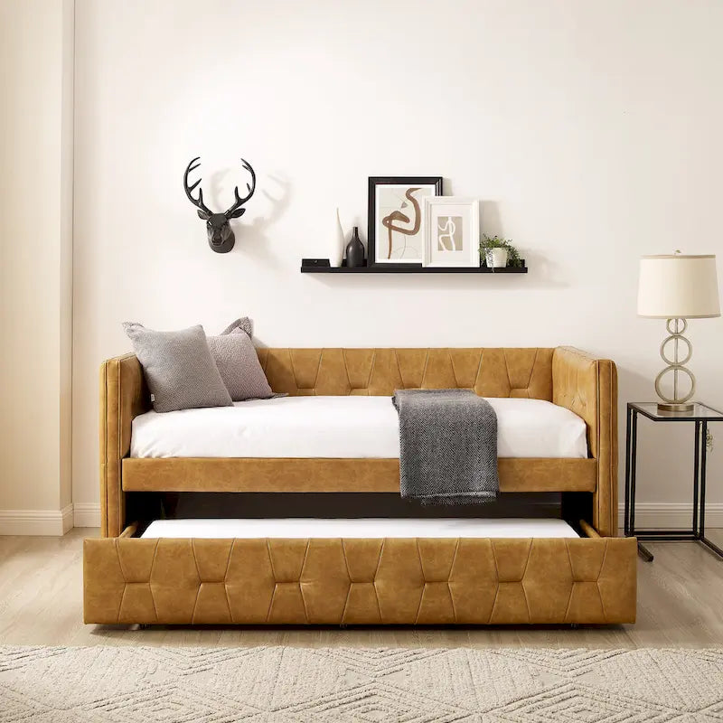 Divano letto imbottito trapuntato cammello/bianco/grigio con letto estraibile – 2 posti letto