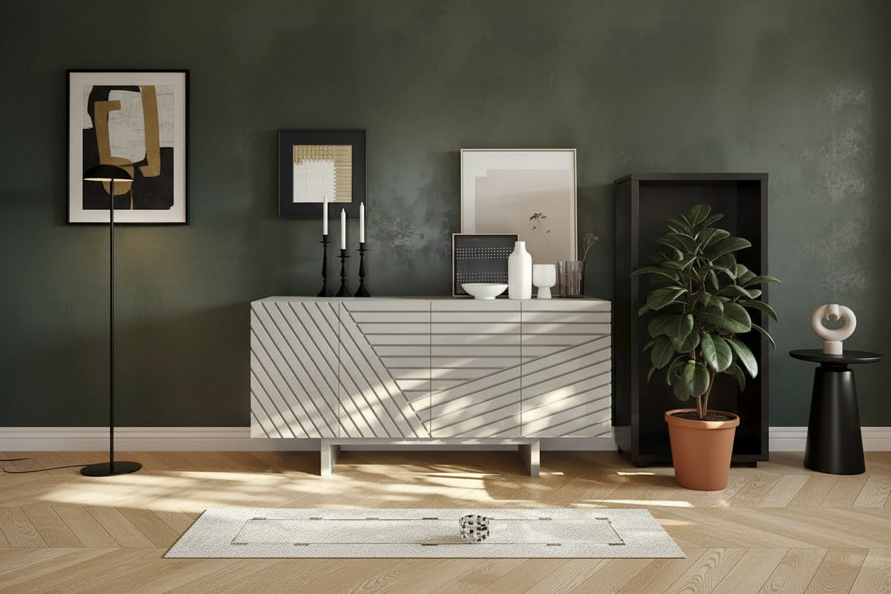 Madia/Credenza a 4 ante scanalate color crema/marrone con gambe in legno – Per 1-2 utenti