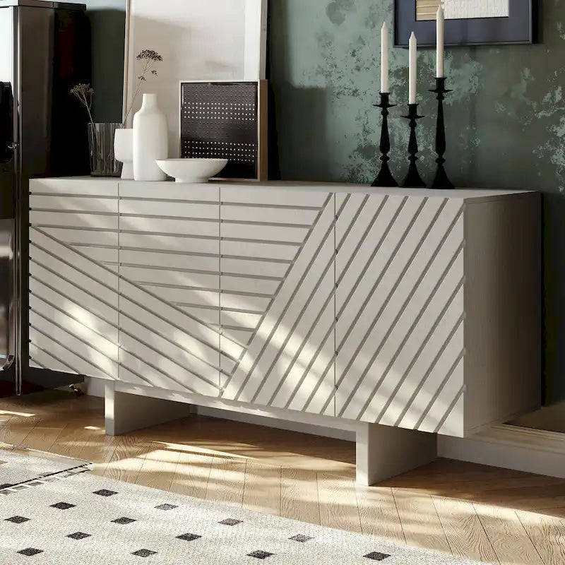 Madia/Credenza a 4 ante scanalate color crema/marrone con gambe in legno – Per 1-2 utenti