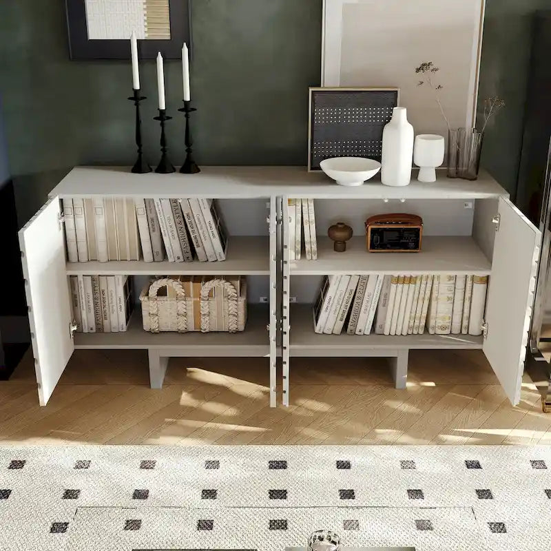 Madia/Credenza a 4 ante scanalate color crema/marrone con gambe in legno – Per 1-2 utenti
