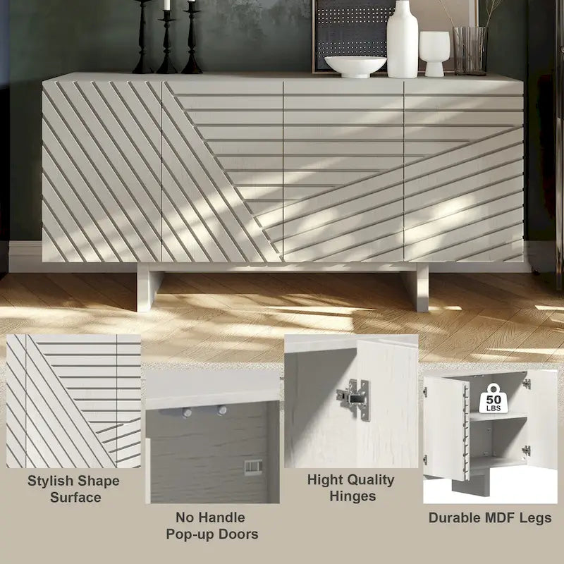 Madia/Credenza a 4 ante scanalate color crema/marrone con gambe in legno – Per 1-2 utenti