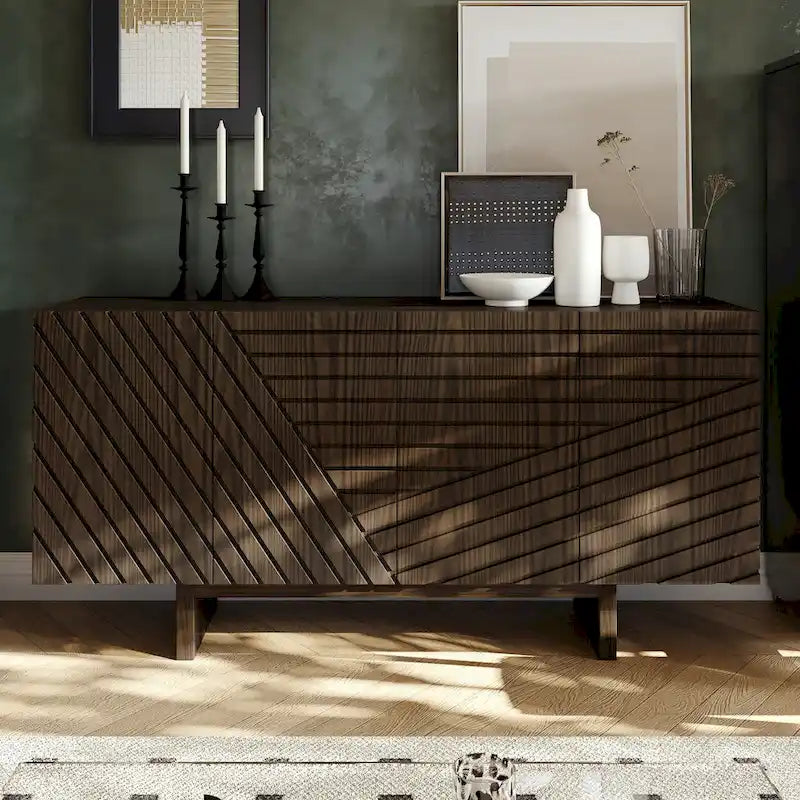 Madia/Credenza a 4 ante scanalate color crema/marrone con gambe in legno – Per 1-2 utenti