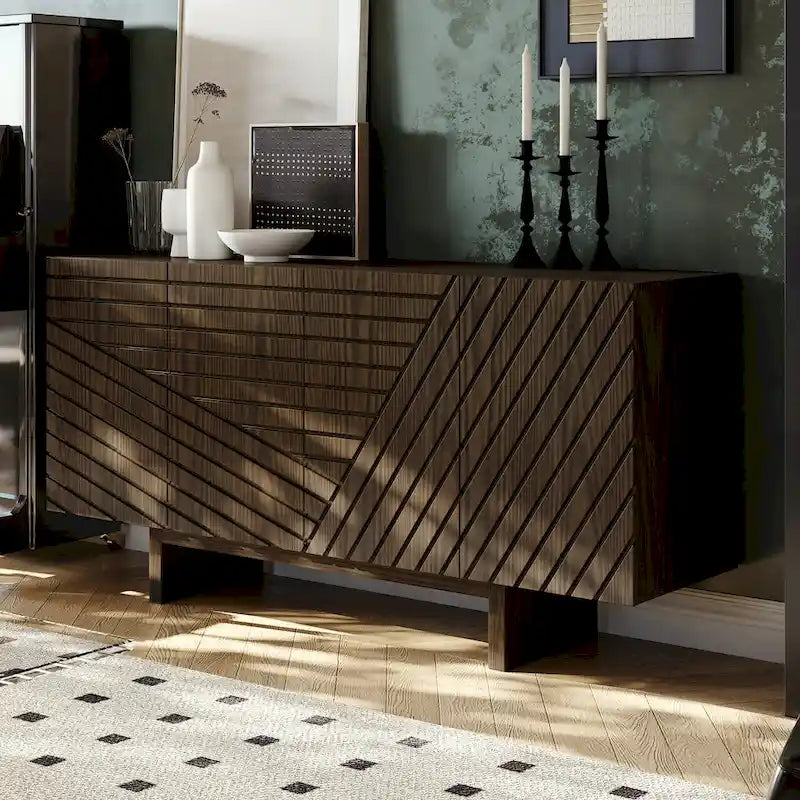 Madia/Credenza a 4 ante scanalate color crema/marrone con gambe in legno – Per 1-2 utenti