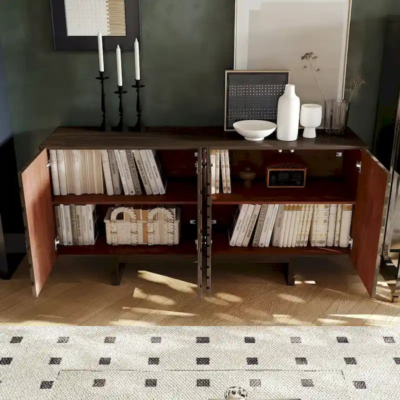 Madia/Credenza a 4 ante scanalate color crema/marrone con gambe in legno – Per 1-2 utenti