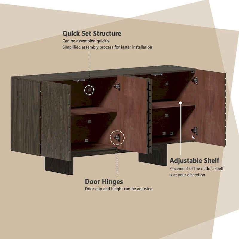 Madia/Credenza a 4 ante scanalate color crema/marrone con gambe in legno – Per 1-2 utenti