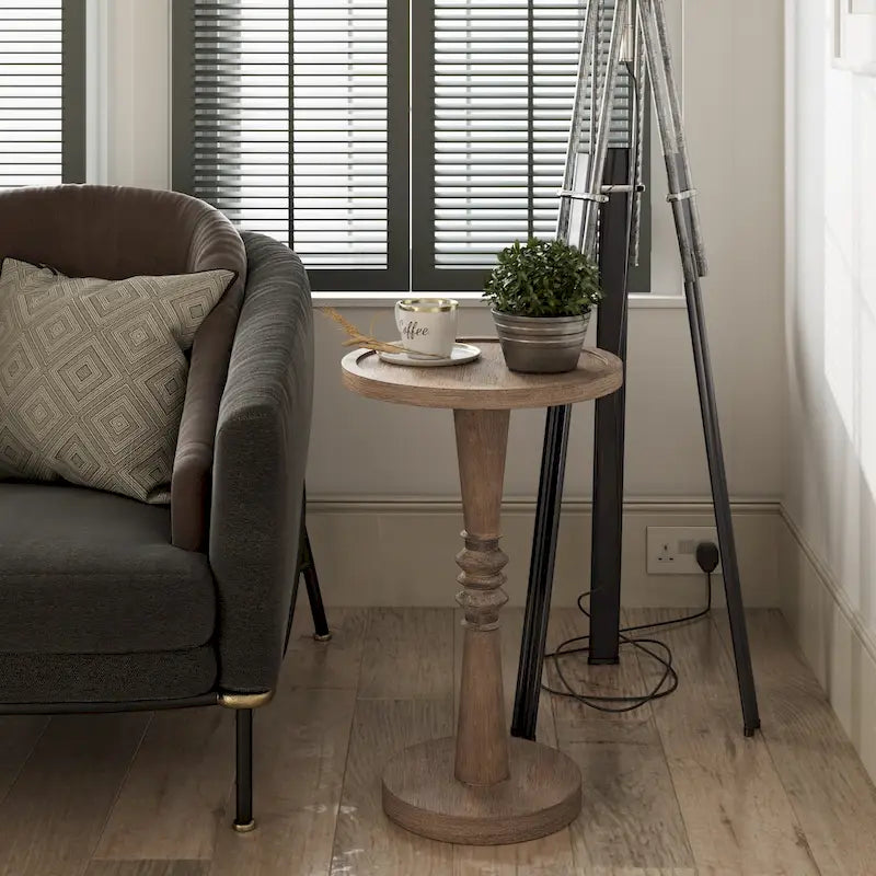 Tavolino da salotto rotondo con piedistallo – Espresso / Legno / Bianco e nero, stile rustico, 1 persona