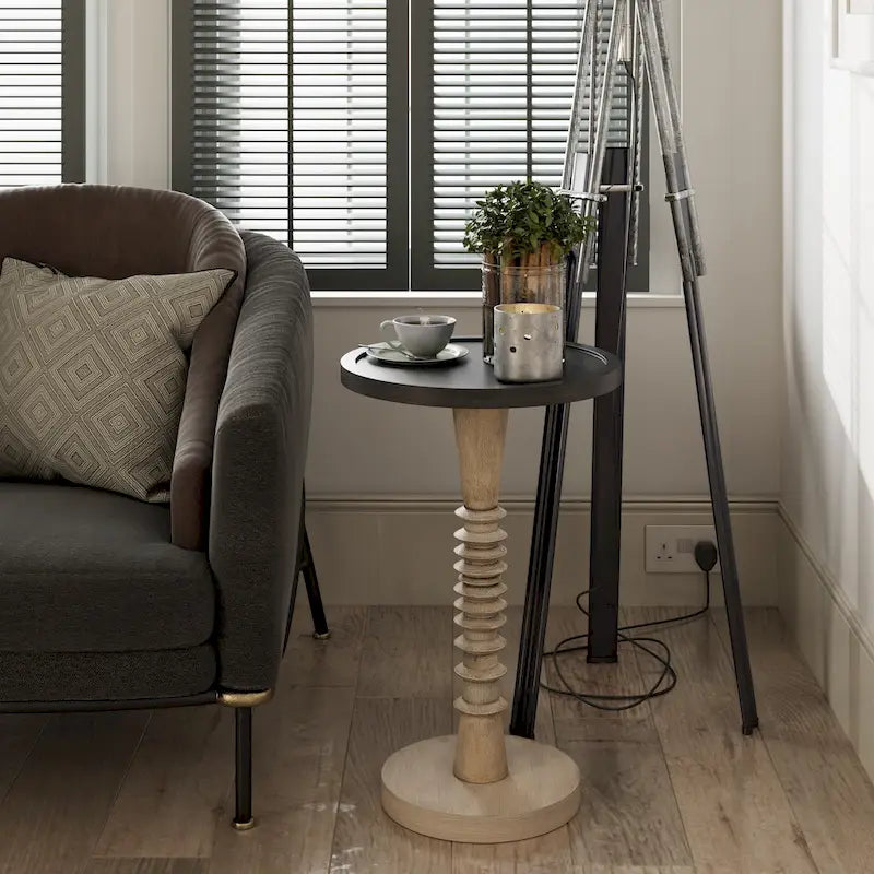 Tavolino da salotto rotondo con piedistallo – Espresso / Legno / Bianco e nero, stile rustico, 1 persona