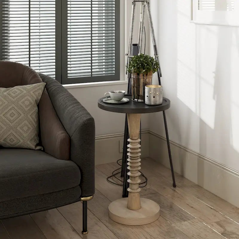 Tavolino da salotto rotondo con piedistallo – Espresso / Legno / Bianco e nero, stile rustico, 1 persona