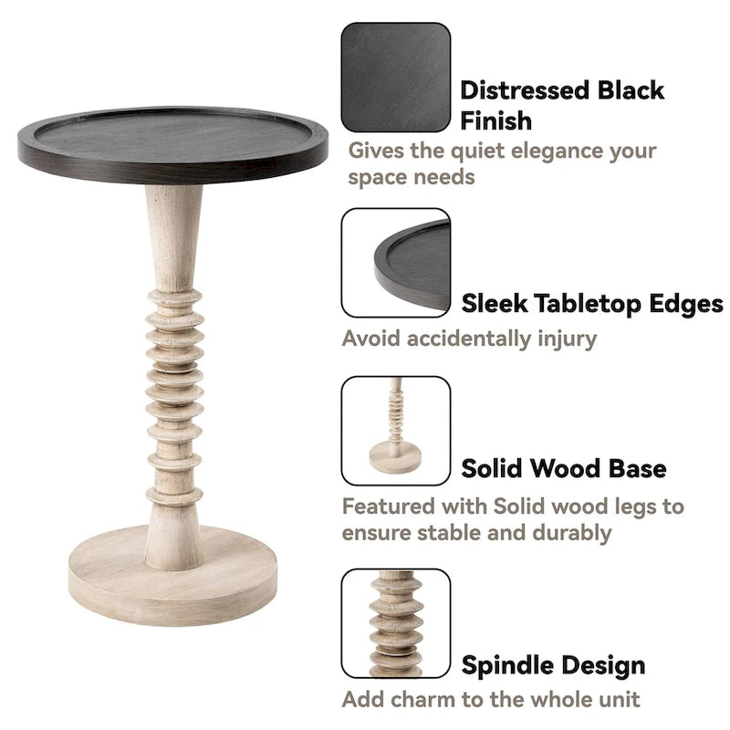 Tavolino da salotto rotondo con piedistallo – Espresso / Legno / Bianco e nero, stile rustico, 1 persona