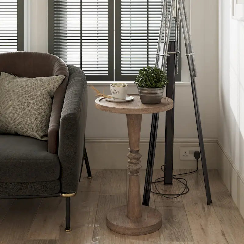 Tavolino da salotto rotondo con piedistallo – Espresso / Legno / Bianco e nero, stile rustico, 1 persona