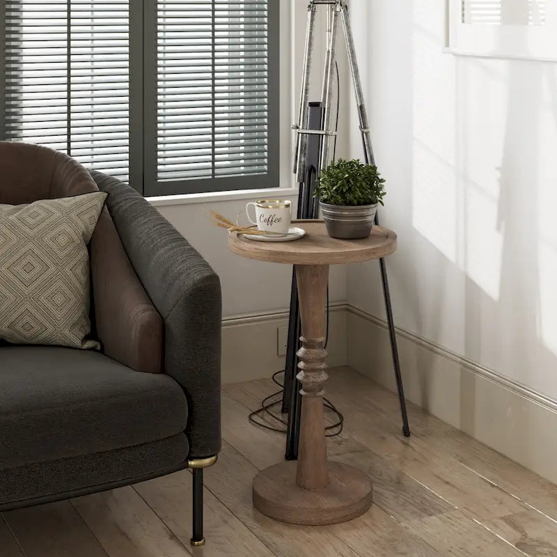 Tavolino da salotto rotondo con piedistallo – Espresso / Legno / Bianco e nero, stile rustico, 1 persona