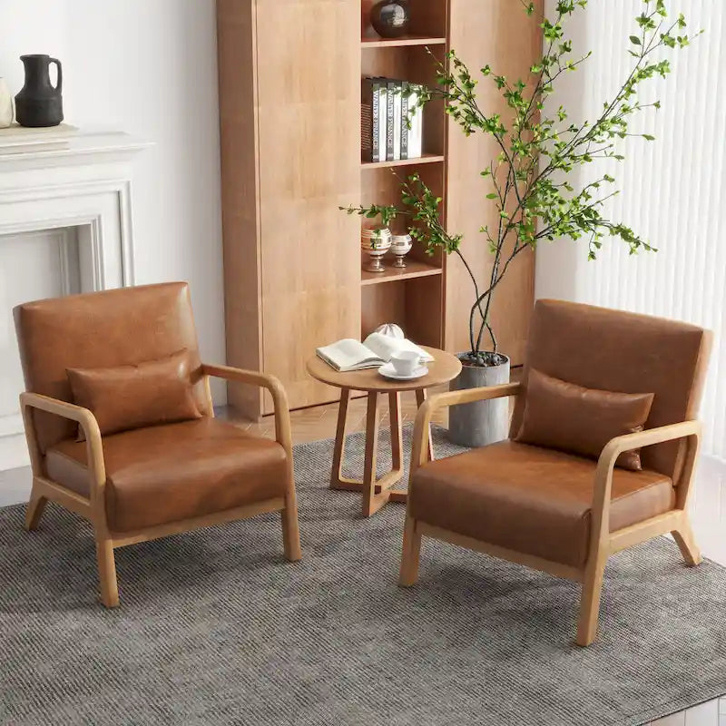 Poltrona con cuscino, rivestimento in lino/PU, set da 2, gambe in legno