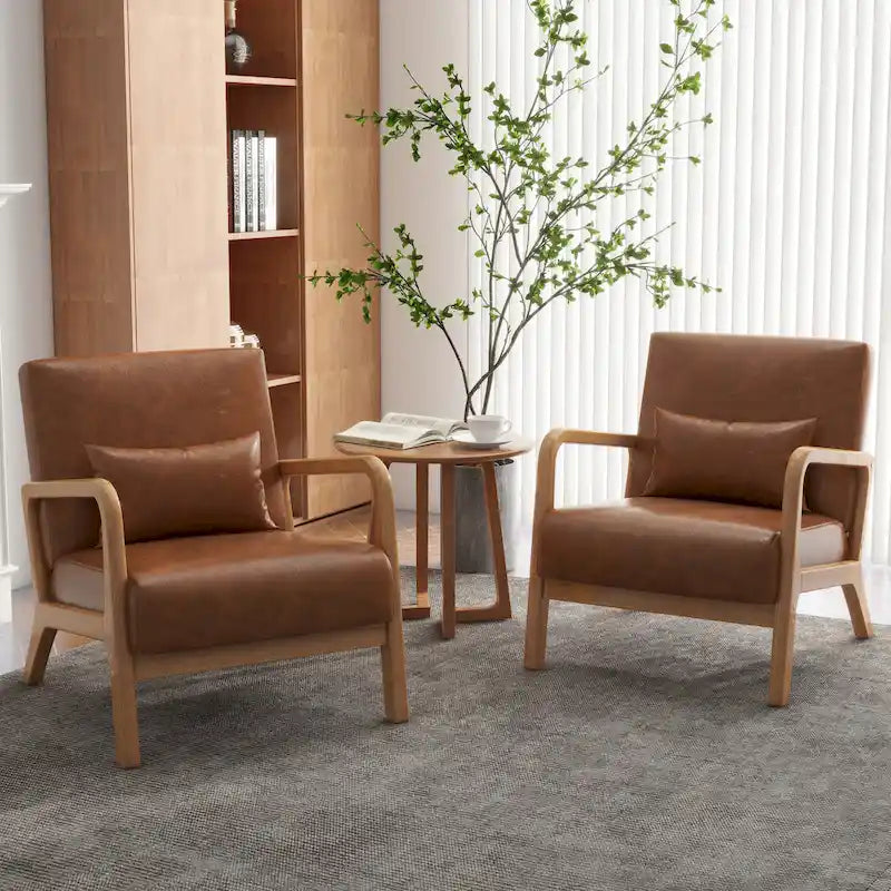 Poltrona con cuscino, rivestimento in lino/PU, set da 2, gambe in legno