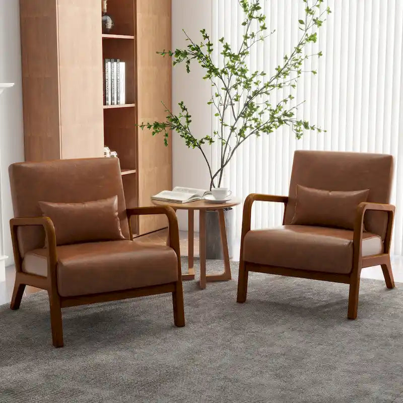 Poltrona con cuscino, rivestimento in lino/PU, set da 2, gambe in legno