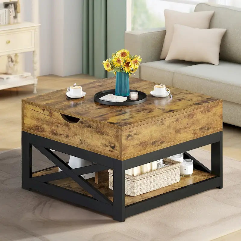 Tavolino da Caffè Quadrato con Piano Sollevabile, Grigio Lavato/Marrone, Stile Rustico, Per 2–4 Persone